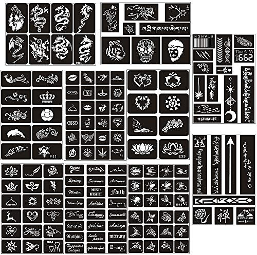 Jurxy 10 Blatt Tattoo Schablonen Glitter Temporäre Tätowierung Schwarz Selbstklebende Tattoos Schablone Arm Zurück Körperbemalung Wiederverwendbare Aufkleber für Männer Frau Kinder Mädchen - N3