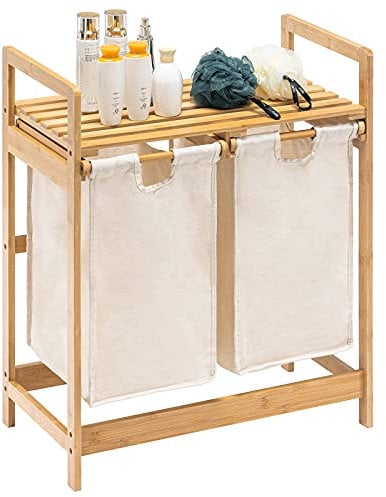 YOUDENOVA Wäschekorb aus Bambus-Gestell mit Ablagen Wäschesammler mit 2 Ausziehbaren Wäschesäcken für Schlafzimmer Waschküche 73x64x33cm Elfenbein