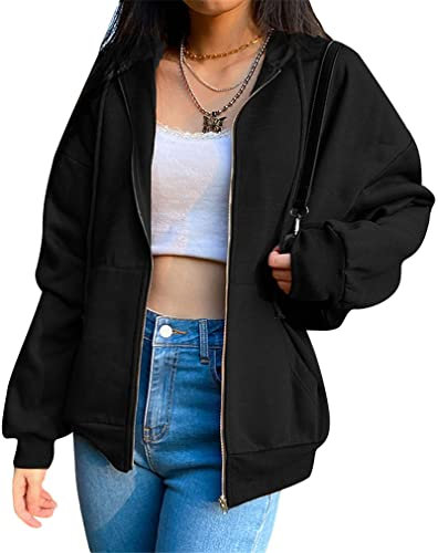 Damen Oversized Sweatjacke mit Kapuze Leicht Gefüttert Kapuzenjacke mit Reißverschluss Y2K Vintage Zip Up Hoodie Jacke Herbst Winter Übergangsjacke (A Schwarz, S)