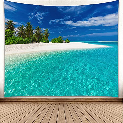 YISURE Tropical Paradise Beach Clear Water Ocean Beach Tapestry Small Island Coconut Palm Tree Beach under Blue Sky Wall tapestries for Home, 230x180cm