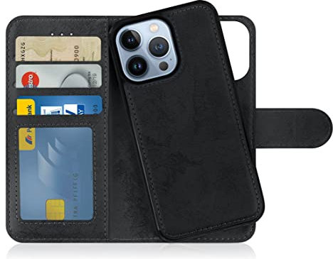 MyGadget Cover per iPhone 13 Pro - Custodia Libretto Magnetica - Custodia Portafoglio Flip Wallet Case Porta Carte in Similpelle PU Removibile Grigio Nero