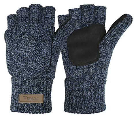 ViGrace Winter-Handschuhe, gestrickt, wandelbar, fingerlos, Woll-Fäustlinge, warmer Handschuh für Damen und Herren, Marineblau, Medium