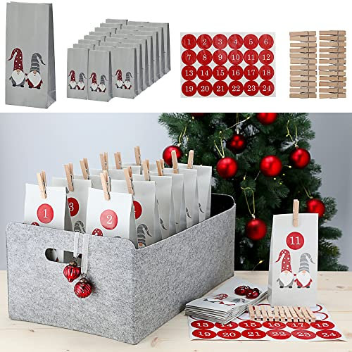 Adventskalender Wichtel DIY 72tlg. Bastelset | 10x20x6cm Papiertüten Zahlensticker Klammern | Weihnachten Adventzeit