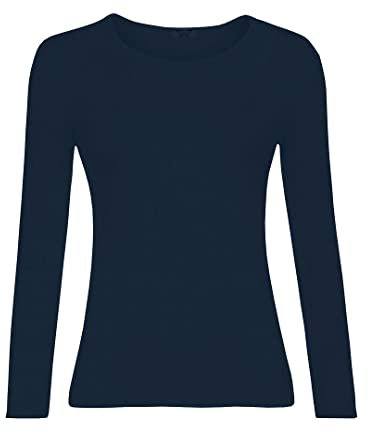 KATSSI Women’s Ladies Long Sleeve Stretch Plain Round Scoop Neck T Shirt Top XL Navy