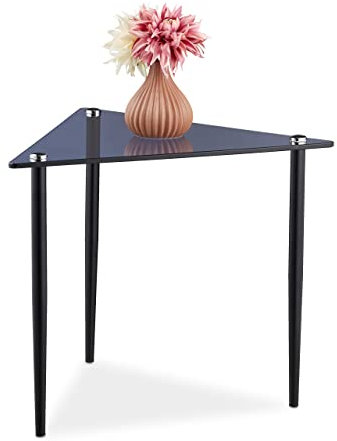 Relaxdays Beistelltisch, Couchtisch dreieckig, HBT 41x50x50 cm, Glas & Stahl, Wohnzimmer, Sofatisch modern, grau-schwarz