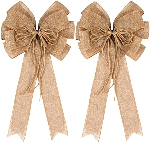 2 Pack Large Burlap Jute Hemp Rope Bows for Wreaths,Rustic Farmhouse Crafts Bow Wrapping Tree Topper Wedding Holiday Birthday Party Wall Home Boho Front Door Decorations