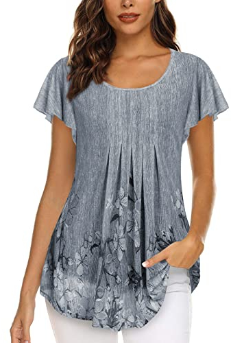 Gaharu Tunika Bluse Damen Festlich Rüschenärmel Shirt Frauen Knitter Leicht Damenoberteile Modern Sexy Abendtunika Trompetenärmeln Atmungsaktive Freizeitbluse Buntes Sassy Female Tops Grau-Blumen,XL