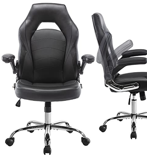 Gaming Chair Ergonomic High Back Computer Chair Height Adjustable Desk Chair with Flip-up Armrest Faux PU Leather Chair, Black