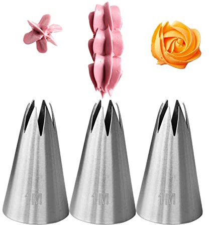 1M Piping Nozzle,Seamless 1M Icing Nozzle,Nozzles for Cake Decorating 1M,Open Star Piping Tip,Stainless Steel,3 Pcs