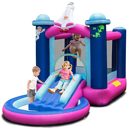 GOPLUS Aufblasbare Hüpfburg, Weltraum Spielburg Set mit Rutsche, Ozean Bällebad, Kinder Hüpfschloss für Indoor und Outdoor mit Erdspießen, Reparaturset und Tragetasche (Weltall, Ohne Gebläse)