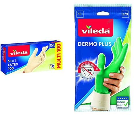 Vileda Guanti Multilatex 100 Usa e Getta, Guanti in Lattice Naturale, Senza Polvere, M/L, 100 unità & Dermo Plus Guanti Casalinghi in Nitrile Lattice, senza Polveri