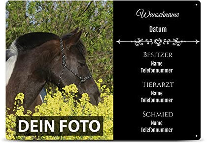 PR Print Royal Personalisiertes Boxenschild selbst gestalten mit Foto, Namen und Allen wichtigen Daten - Geschenke für Pferdeliebhaber, Stallschild aus Aluminium | Wetterfest, 21x15 cm, Schwarz