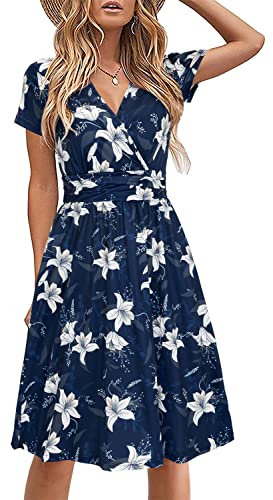 STYLEWORD Damen Sommerkleid Kurzarm V-Ausschnitt Kleider Blumenmuster Kleid Strandkleid Mit Taschen(Floral23,Mittel)