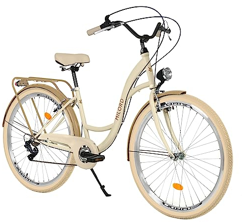 Balticuz OU Komfort Fahrrad mit Rückenträger, Hollandrad, Damenfahrrad, Citybike, Retro, Vintage, 26 Zoll, Creme-Braun, 7-Gang