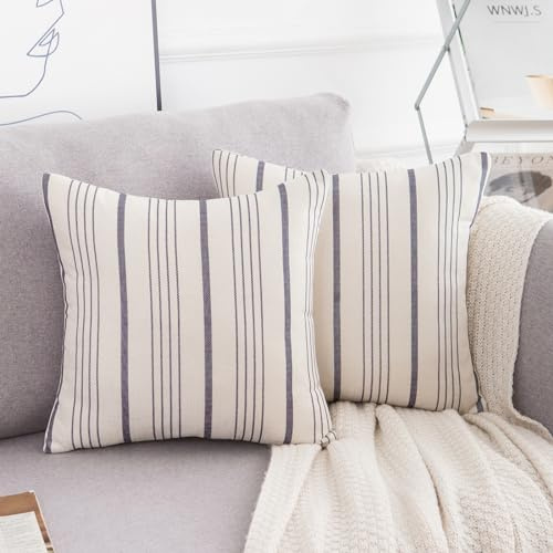 LRartdeco Kissenbezug Boho 40x40 Beige Kissenhülle Blaue Streifen Zierkissenbezug Modern Schlicht Couchkissen Leinen Dekorative Zierkissenbezüge für Sofa Wohnzimmer Schlafzimmer