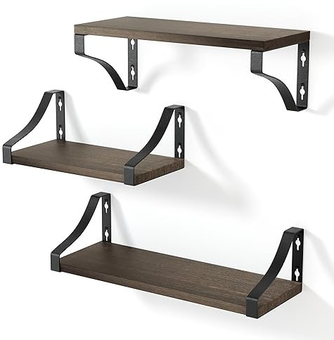 edihome, Wandregal, 3 Stück, Naturholz Wandregale, stufige, schwimmend, Dekoration, Ideal für Wohnzimmer, Schlafzimmer, Badezimmer (Dunkles Holz)