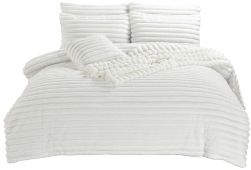 London Dream Big Cord Teddy Fleece Duvet Cover Set with Pillowcases Curtain Throw Cushion Cover Super Soft Warm Cosy Quilt Cover Xmas Bedding Set (White, Super King Duvet Set)