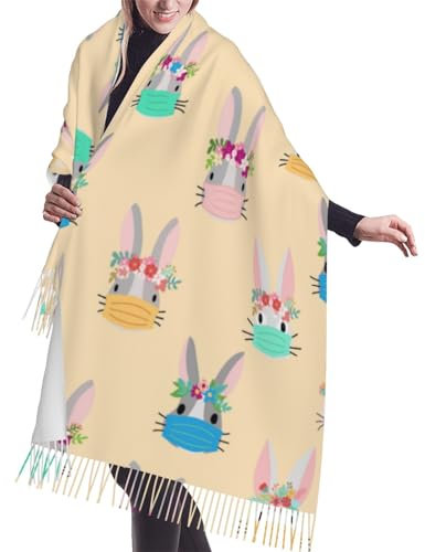 ZORIN Modischer Damen-Schal, bedruckt, Osterhase, mit Quastenkante, leicht, elegant, warm, Winter, Stola für Party, Reisen, täglichen Gebrauch, Schwarz , One size