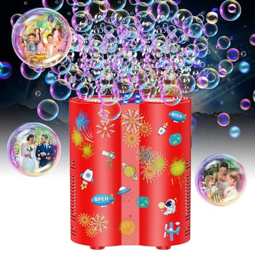 Babuloo Fireworks Bubble Machine, Automatic Bubble Blower 20000+ Bubbles per Min for Kids, 26 Holes Bubble Machine Maker Toys with Lights/240ml Solution/DIY Sticker for Outdoor Party Wedding-Red