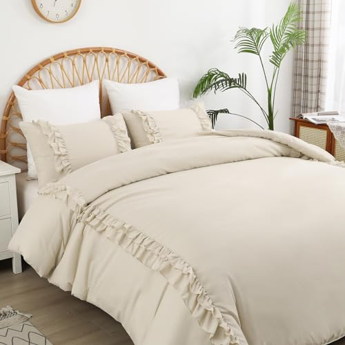 Fondream Bettwäsche-Set für Doppelbett, Rüschen, Bauernhaus, gerüscht, weich, luxuriös, gewaschene Mikrofaser mit Reißverschluss, für Jugendliche und Erwachsene, Beige, 3-teilig