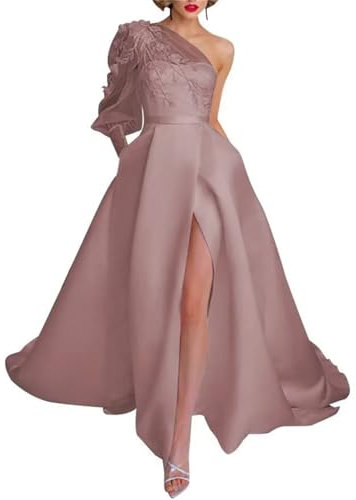 Une épaule dentelle appliques robes de bal à manches longues robes de mariée satin une ligne princesse robe de bal WSX468, vieux rose, 38