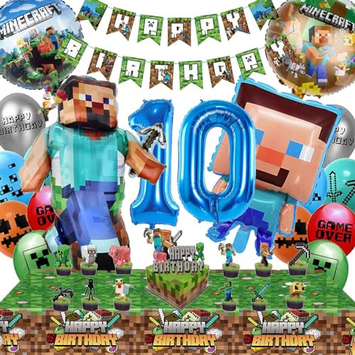 Minecraft Geburtstagsdeko 10 Jahre Junge Mädchen - Minecraft Deko Geburtstag 10 Minercraft Luftballons Geburtstag Girlande Minecraft Tortendeko Miner Gamer Tischdecke Minecraft Party Deko Set