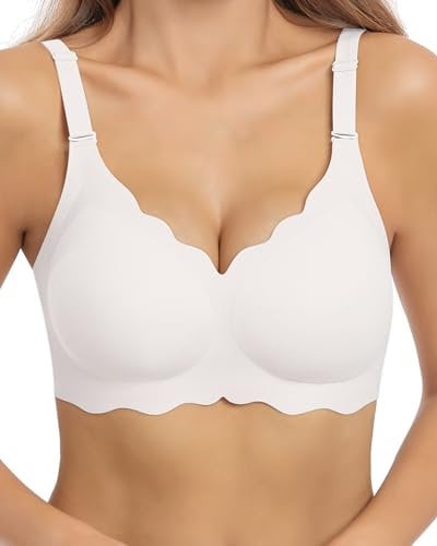 HORISUN Bras for Women No Underwire V Neck Scalloped Wireless Bralettes with Soft Support Comfort Full Coverage Seamless Bra (White,XL)