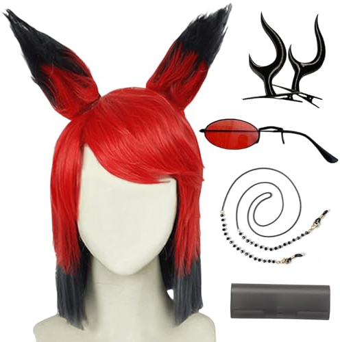 HSJZBQSM Hazbin Hotel Cosplay Alastor Requisiten Rote Perücke Monokular Brille Teufel Kalb Hörner Alastor Cosplay Zubehör (01, Einheitsgröße)