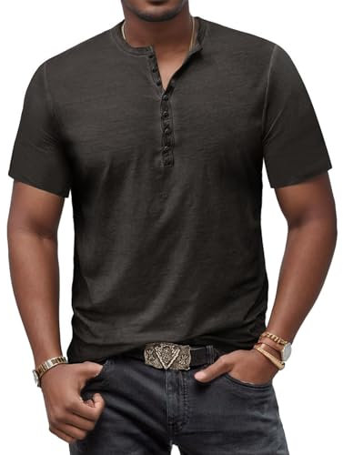 YawYews Mens Henley T-Shirts Short Sleeve T Shirts Cotton Casual Vintage Summer Button Fashion Tops for Men Grey 2XL