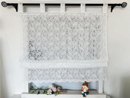 Vordesack Jacquard Raffrollo mit Blumenmuster Landhausstil BxH 140x140cm | Halbtransparentes Raffgardine mit Rosen-Spitze & Schlaufen, Romantische Fensterdeko für Küche & Wohnzimmer, 1 Stück