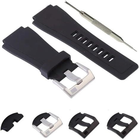 NINOMA Kompatibel mit Bell & Ross Aviation BR-01 BR-03 Uhrenarmband aus Gummi und Silikon, 24 x 33 mm, schwarz, mit Federstegwerkzeug als Geschenk(SILVER BUCKLE)