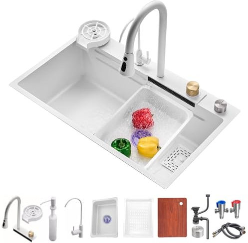 FIVIXIL Fregadero de cocina rainfall single groove fregadero con grifo de extracción, lavavajillas presurizado, tabla de cortar, cesta de drenaje, así como otros accesorios (White, 80 * 45 * 21cm)