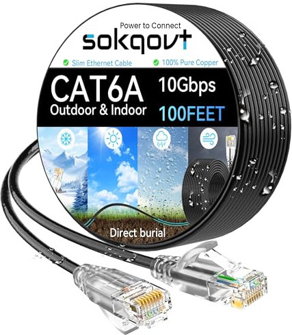 Cat6a Ethernet Cable Slim 100ft Outdoor&Indoor, 28AWG Pure Copper Cat6 Internet Cable for Waterproof & Direct Burial, Flexible Cat6 Ethernet Cable 10G 550MHZ, Cat 6 Network cable for Indoor Black