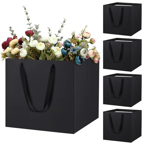 LVNRIDS 5 pezzi Sacchetti Regalo Grandi, 11.8 inch Sacchetti Regalo Quadrati con Manici per Bouquet Compleanno San Valentino, Natale, Festa di Nozze Nero