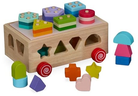 Relaxdays Holzsteckwürfel mit Stapelspiel, ab 3 Jahren, Holz Sortierbox mit 12 Steckbausteinen, Motorikspielzeug, bunt