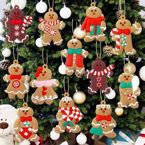 Dmnnlp 12 Stück Weihnachtsbaumschmuck, PVC Weihnachtsbaum Lebkuchen Deko, Weihnachtsbaum AnhäNger, Christbaumschmuck Lebkuchen für Weihnachtsbaum, Feiertag, Party Deko