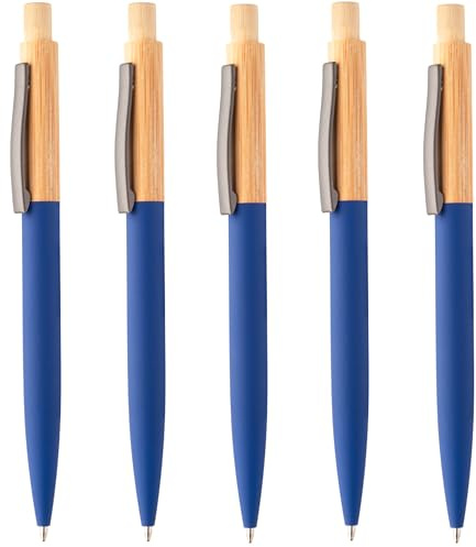noTrash2003 5er Set Kugelschreiber aus Bambus und recyceltem Aluminium mit gummierter Oberfläche und Gunmetal-Clip, ökologischer Materialmix und modernes Design im Sparset -Blauschreibend. (Blau)