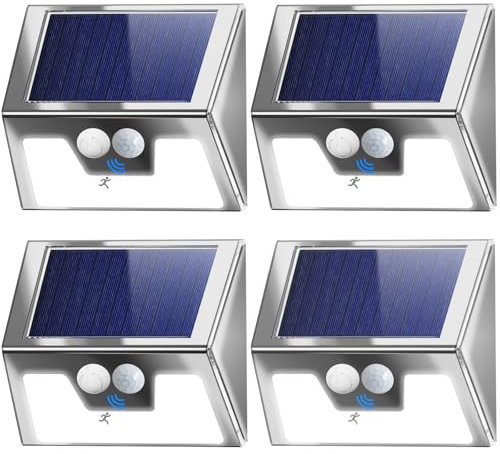 nipify Lampe Solaire Extérieur Détecteur de Mouvement, Lot de 4 Lumiere Solaire Exterieur Avec IP65 Étanche, 3 Modos Eclairage Exterieur Solaire, Lampe Solaire pour Jardin, Garage, Acier Inoxydable