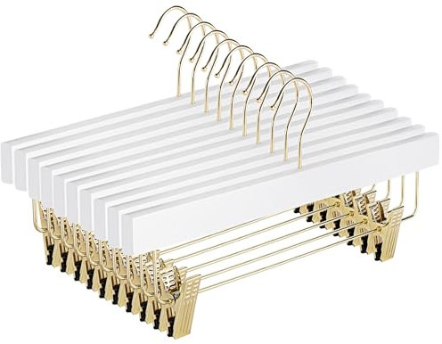 Kleiderbügel mit Klammern Holz, 10 Stück Hosenbügel Klemmbügel Weiss, Kleiderbügel für Hosen und Röcke, Hosen Kleiderbügel mit Anti-Rutsch-Clip und 360° Drehbarem Haken