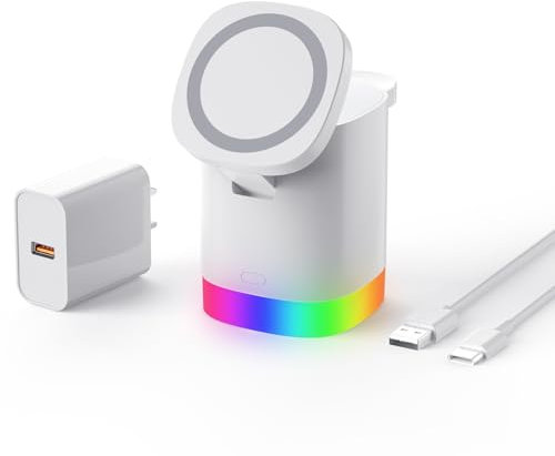 JoyGeek Ladegerät mit 4 RBG Nachtlicht, Faltbar 3 in 1 Kabellose Ladestation für iPhone 16/15/14/13/12 Serie, Wireless Charger für iWatch 10-2, Air Pods 4/3/2/Pro,Weiß