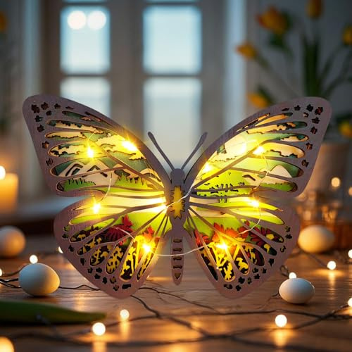 Deko Frühling Holz Schmetterling mit Beleuchtung, Frühlingsdeko Tisch Ornament mit LED Lichterkette, Frühlingsdeko Innen Zimmer Deko Aesthetic Schmetterling zum Hinstellen Batteriebetrieben (Braun)