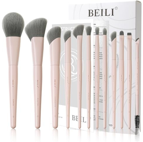 BEILI Set de pinceaux de maquillage roses, 12 pinceaux végétaliens pour fond de teint, correcteur, sourcils, ombre à paupières, contour, eyeliner et estomper.
