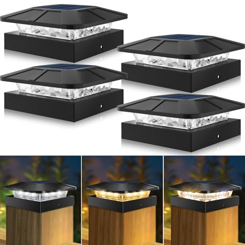 Peasur Pfostenleuchte Solar, 3 Modi 10x10CM Pfostenkappe Solar, Pfostenlichter für Zaunpfosten Vinyl-Holzpfosten, Wasserdicht Solarlampe Außen Gartendeko für Hölzerne Pfosten, Zaun, Terrasse, 4 Stück