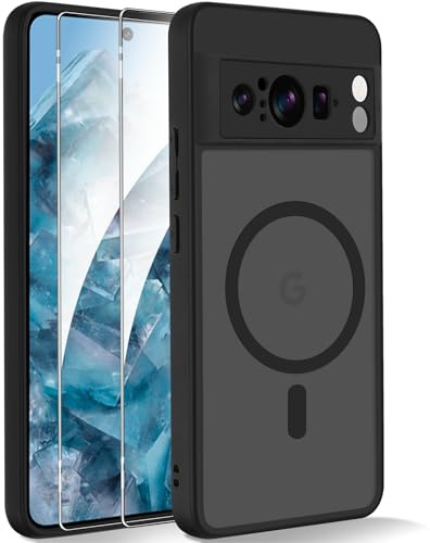Yxnvixn Magnetic Case for Google Pixel 8 pro Case with Screen Protector [Compatible with Magsafe] Slim Translucent Matte Silicone Shockproof Full Body Protective Phone Case Cover, Black