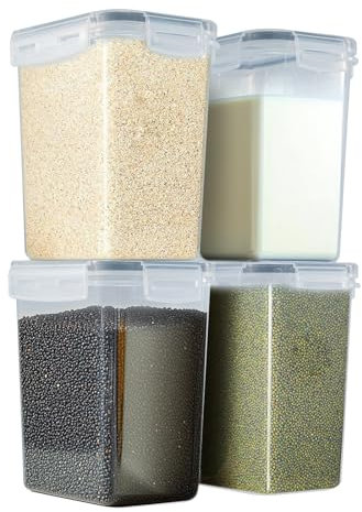 Cereal Storage Container Sets Airtight Dry Food Dispenser Containers Stackable Kitchen Storage Boxes Plastic Pantry Organization with Lock Lids Leakproof for Flour Sugar Pasta (Clear, 4 x 1.4L)