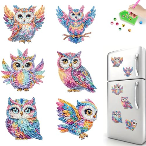 Diamond Painting Kühlschrankmagnete, 6 Stück Diamant Malerei Kühlschrankmagnet Aufkleber, DIY Diamond Painting Magnete Aufkleber für Kühlschrank Whiteboards, Pinnwand, Geschenk-Eule