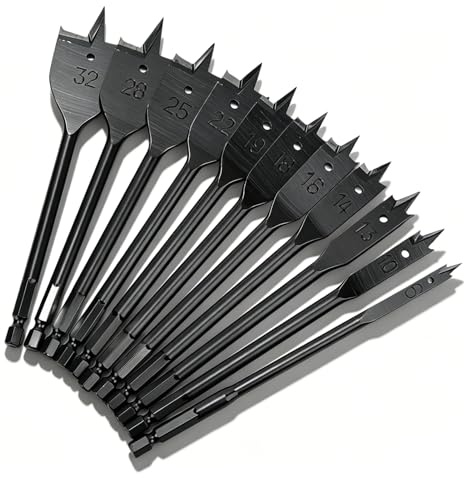 11PCS 6-32mm Wood Spade Drill Bits Set, 1/4in Hex Shank Flat Drill Bit Professional Spade Hole Drill Bit for Wooden Plywood Chipboards Soft Hard Woods
