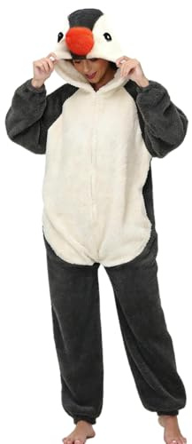 chuangminghangqi Einteiliger Schlafanzug Damen Winter Einteiler Tierkostüm Erwachsene Kostüm Jumpsuit mit Reißverschlüsse Locker und Bequem Pyjama Unisex Onesie Kleidung Mit Kapuze(Pinguin,XXL)