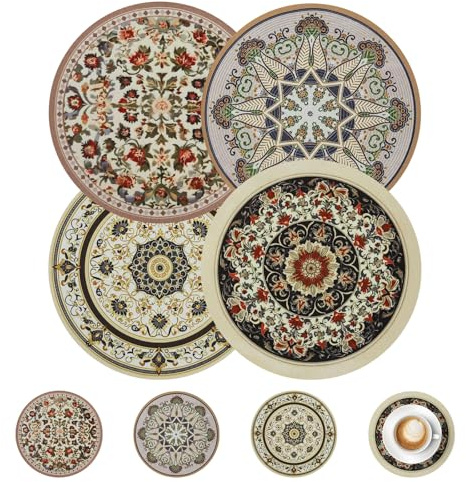 comfoyar Boho Round Placemats Set of 4 with 4 Coasters, 22cm Non-Slip Rubber Bohemia Place Mats, Vintage Style, Washable Absorbent Rustic Table Mats for Kitchen Dining Party Table Decoration