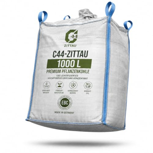 Pflanzenkohle 1000L - Bodenverbesserer für Pflanzen & Gemüse | C44-Zittau | EBC-zertifizierte Premium-Pflanzenkohle mit 92,4 % Kohlenstoff für Ideal für Rasenflächen Gemüsebeete und Hochbeete